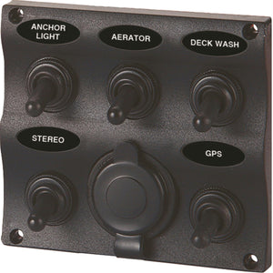 SeaSense 5 Gang Toggle Switch Panel with 12-Volt Outlet